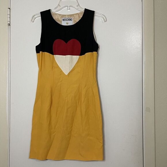 Vintage 1992 Moschino Couture Heart shape color block yellow black shift dress - Picture 6 of 9